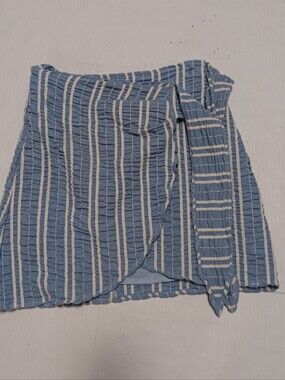 LOST + WANDER blue and white striped pucker textured wrap miniskirt, S
